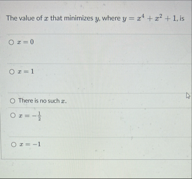 The value of x that minimizes y , where y = x 4 x