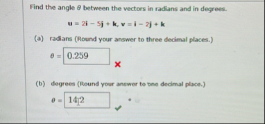 Find the angle between the vectors in radians and