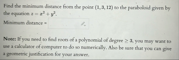 Find the minimum distance from the point ( 1 , 3