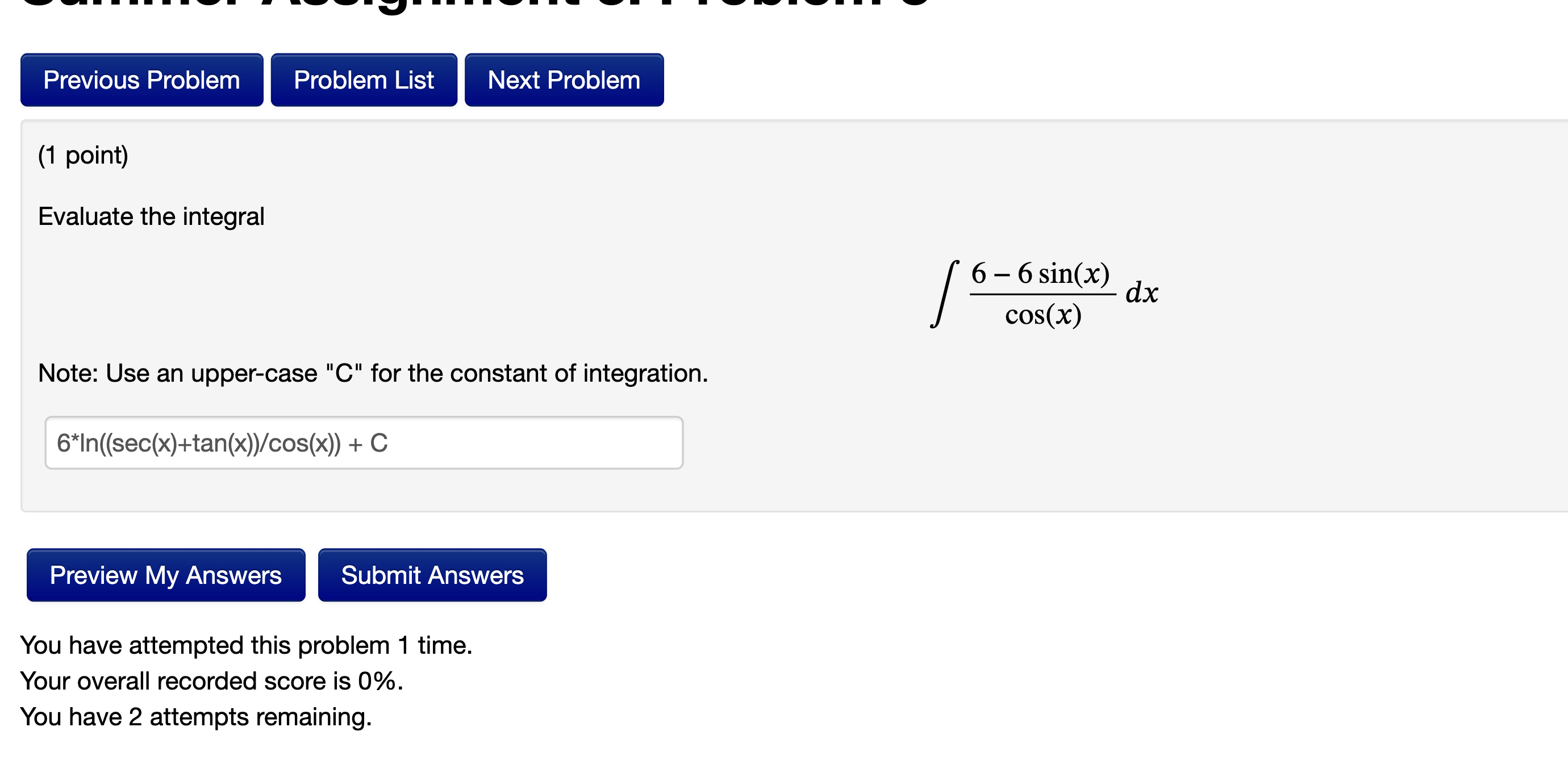 ( 1 point ) Evaluate the integral 6 - 6 s i n ( x