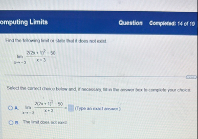 omputing Limits Question Completed: 1 4 of 1 9