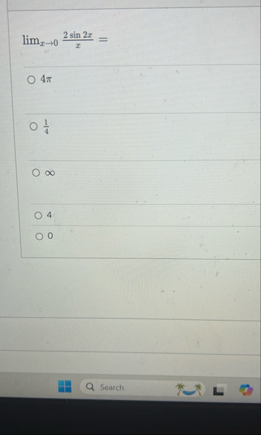 lim x 0 2 s i n 2 x x = 4 1 4 4 0 Search