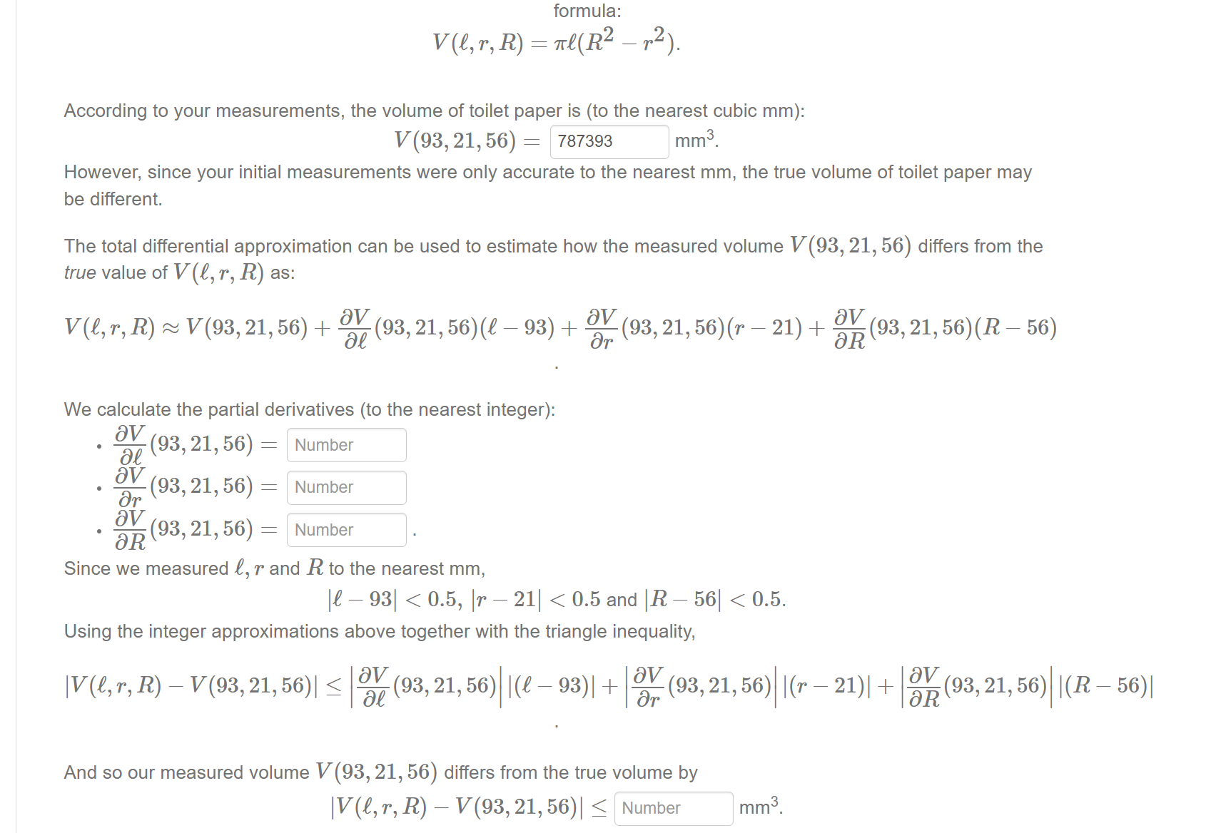 formula: V ( l , r , R ) = l ( R 2 - r 2 ) .