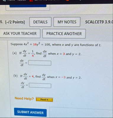 [ - / 2 Points ] SCALCET 9 3 . 9 . Suppose 4 x 2