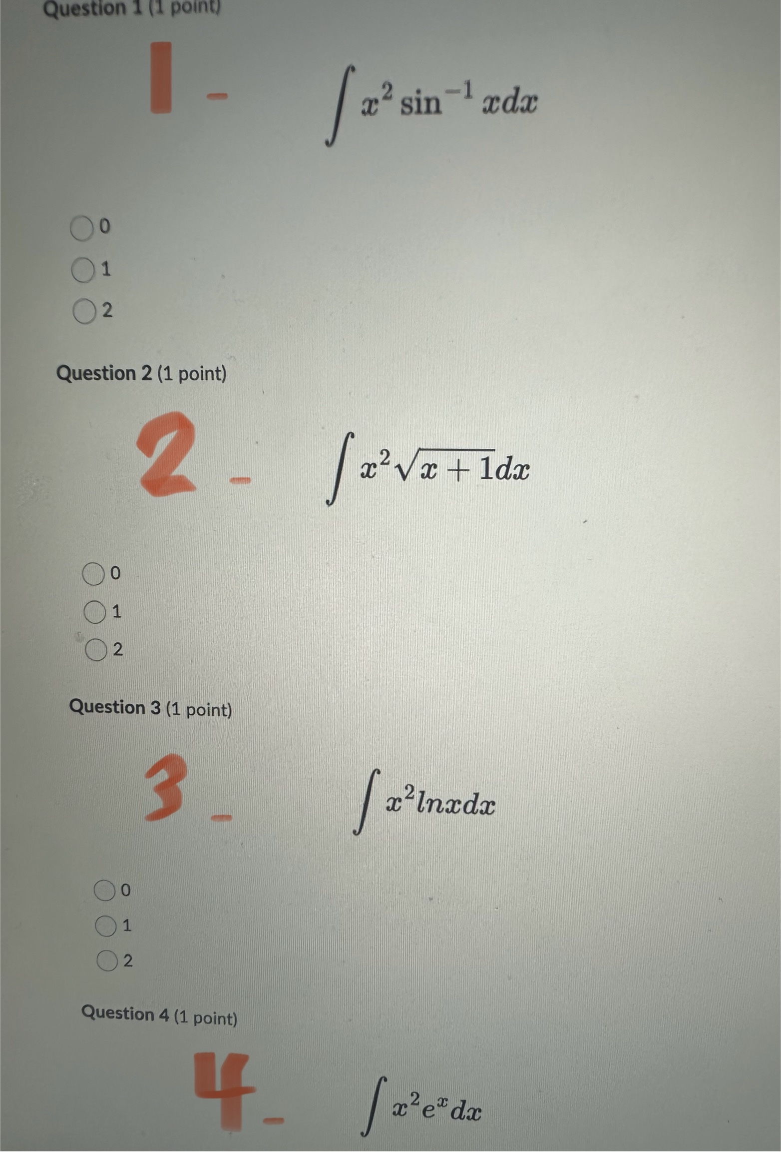 For each integral, select the minimum number of