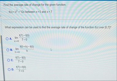Find the average rate of change for the given