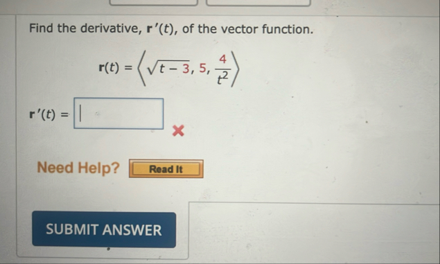 Find the derivative, r ' ( t ) , of the vector