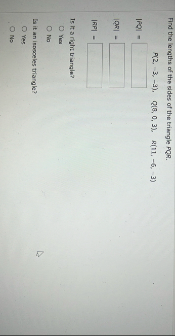 Find the lengths of the sides of the triangle P Q