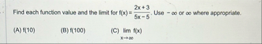 Find each function value and the limit for f ( x
