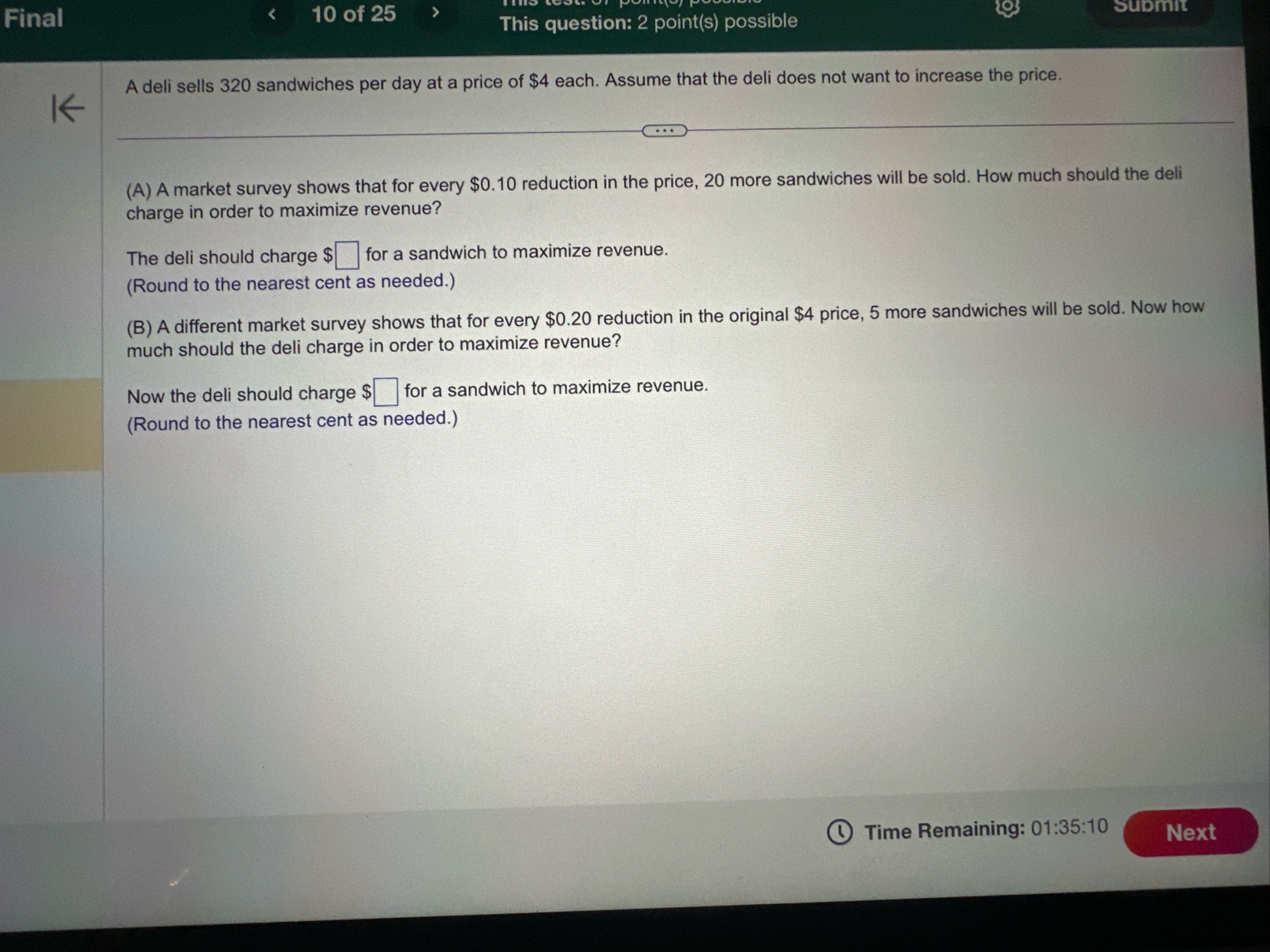 Final 1 0 of 2 5 This question: 2 point ( s )
