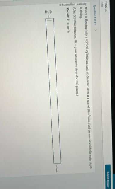Question 8 of 1 4 Water is flowing into a