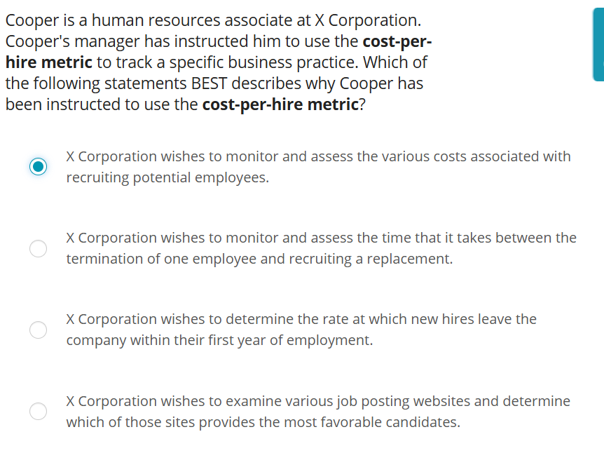 Cooper is a human resources associate at \ ( X \