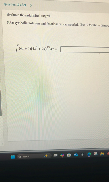 Question 1 0 of 2 1 Evaluate the indefinite
