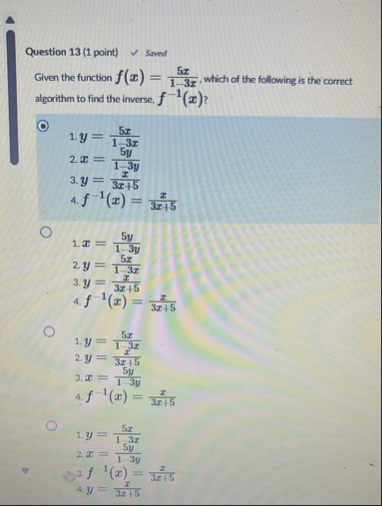 Question 1 3 ( 1 point ) Saved Given the function