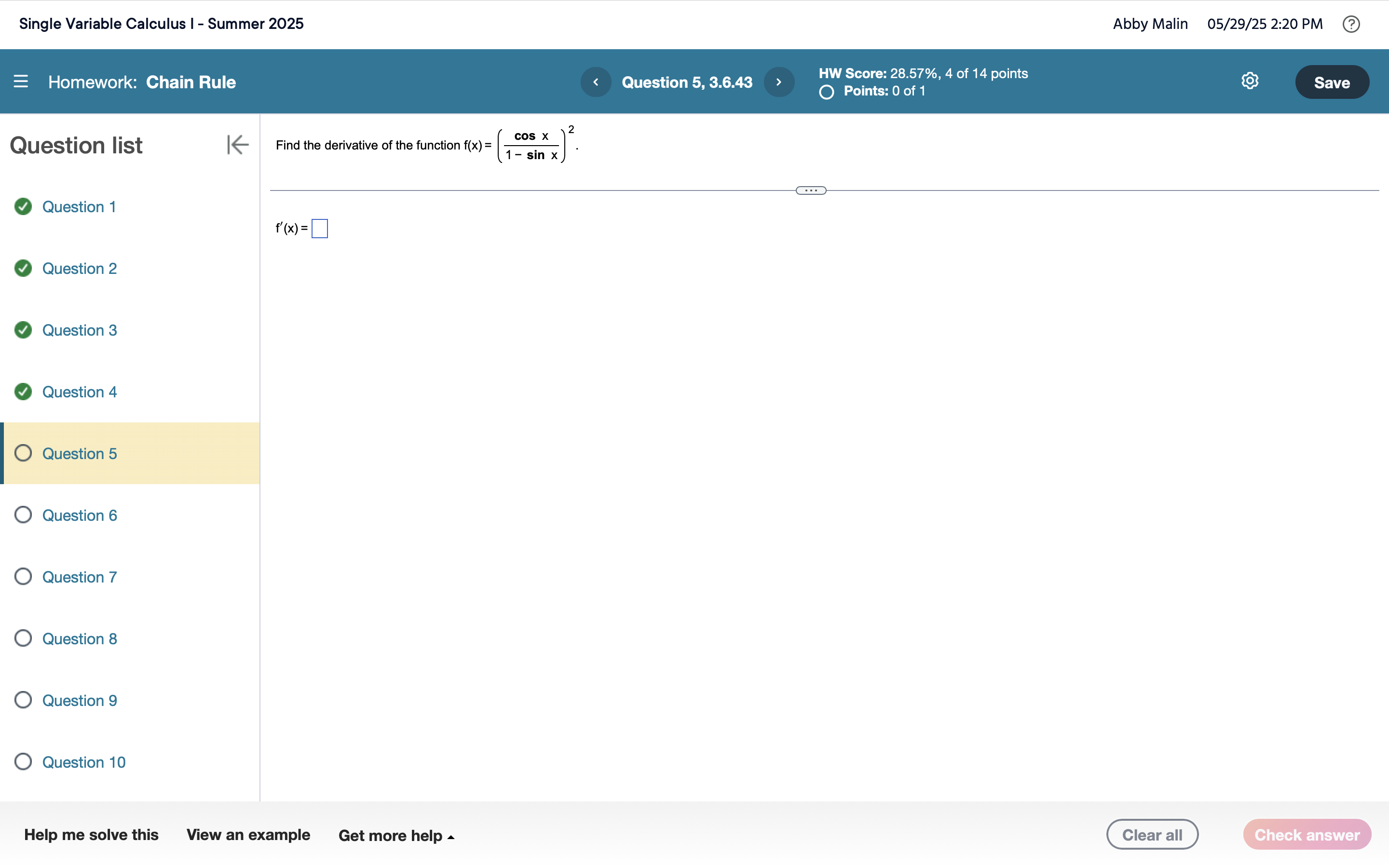 Find the derivative o f the function f ( x ) = (
