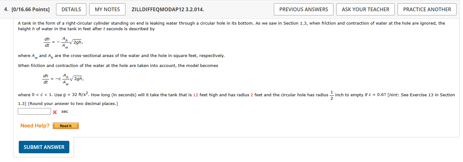 height h o f water i n the tank i n feet after t