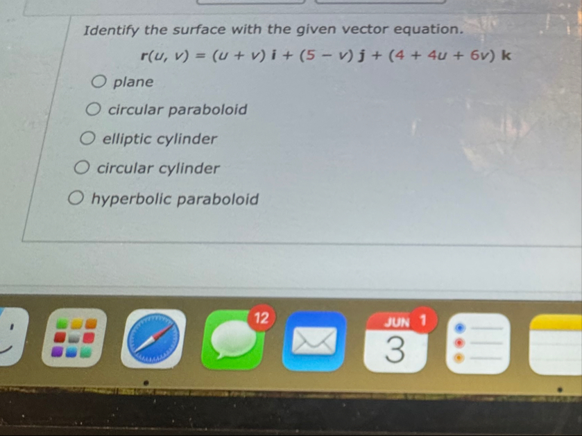 Identify the surface with the given vector