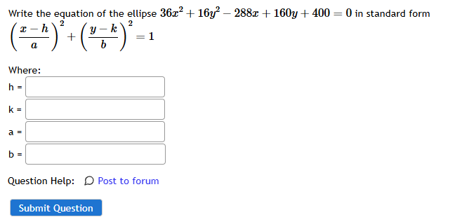 Write the equation o f the ellipse 3 6 x 2 + 1 6