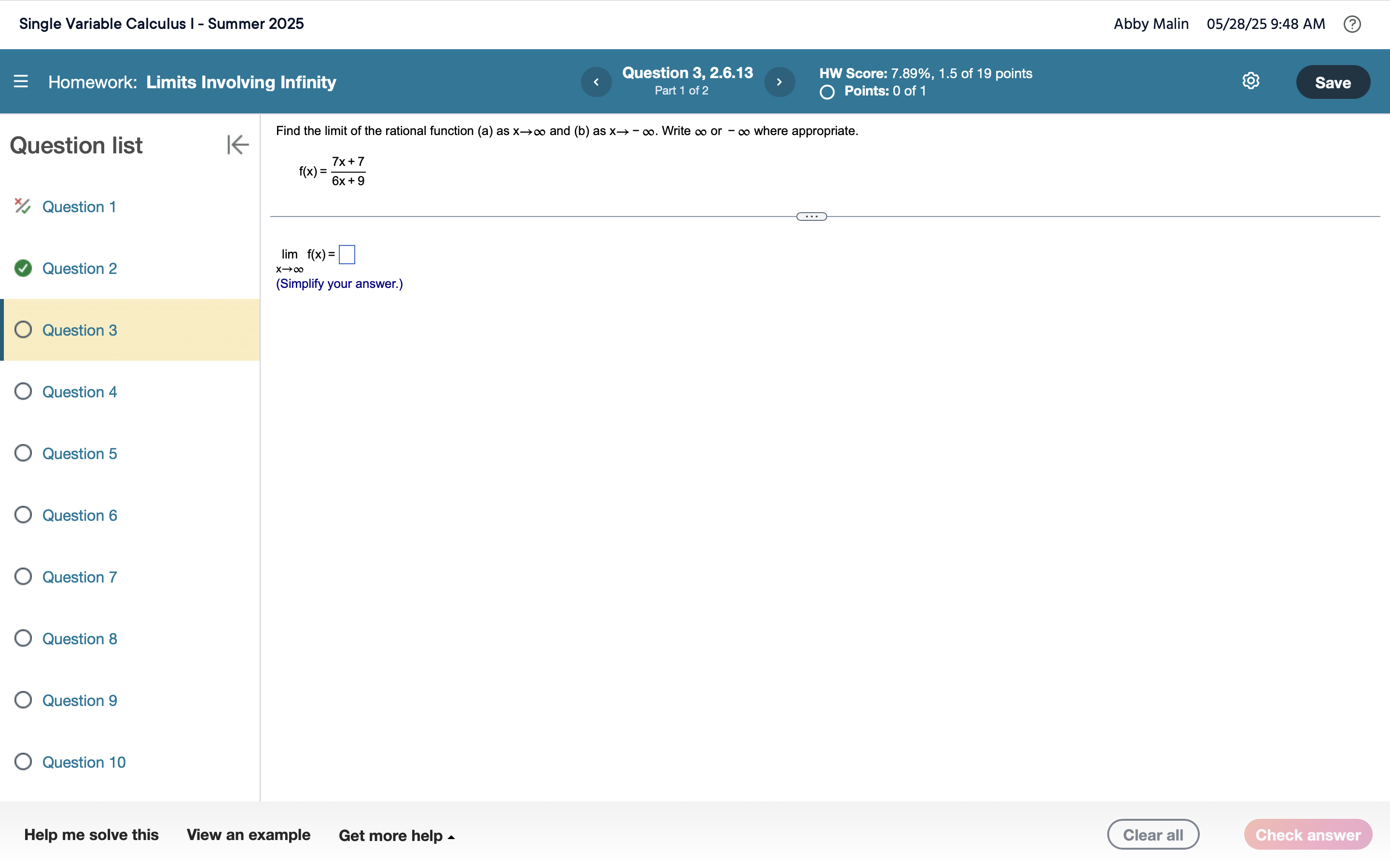 Find the l i m i t o f the rational function ( a