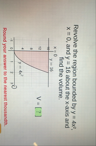 Revolve the region bounded by y = 4 x 2 , x = 0 ,