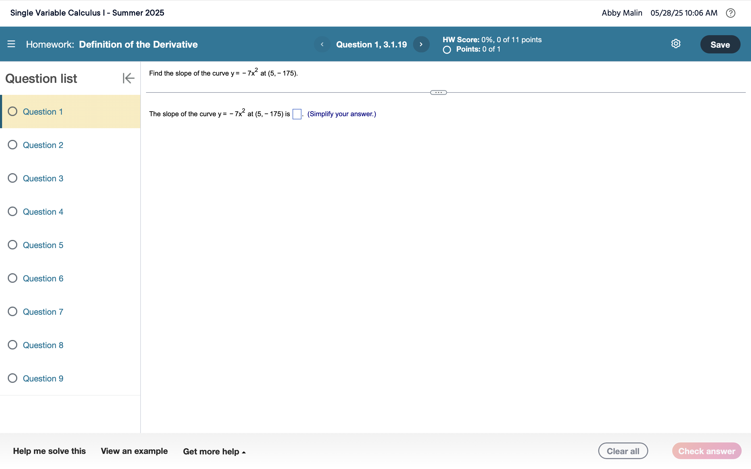 Single Variable Calculus I - Summer 2 0 2 5 Abby