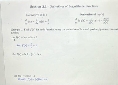 Section 2 . 1 - Derivatives of Logarithmic
