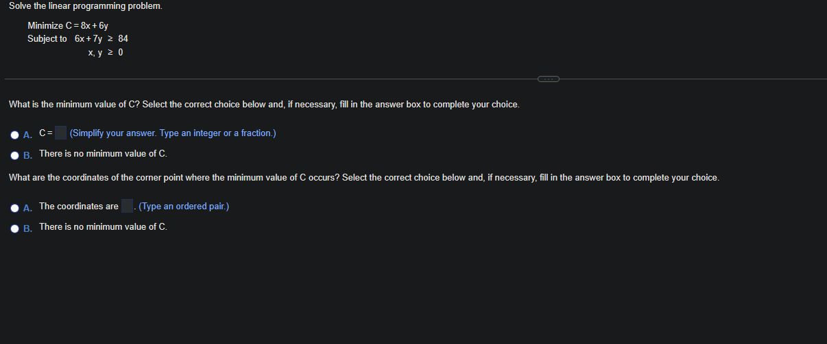 Minimize \ ( \ mathrm { C } = 8 \ mathrm { x } +