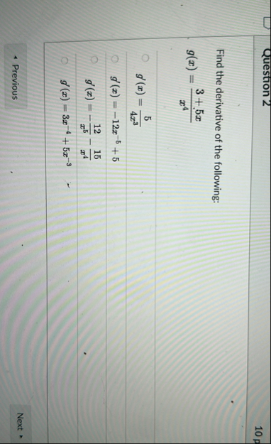 Question 2 1 0 p Find the derivative of the