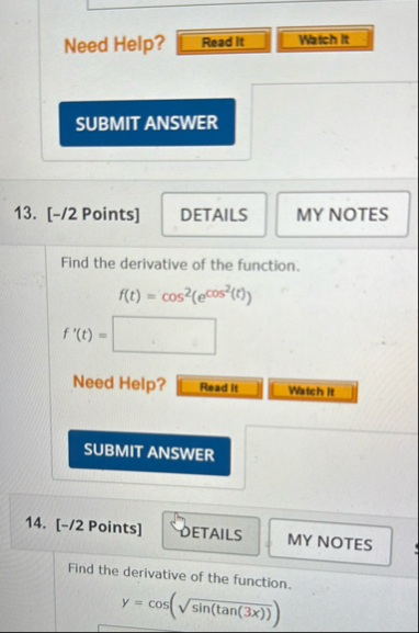 Need Help? 1 3 . [ - / 2 Points ] Find the