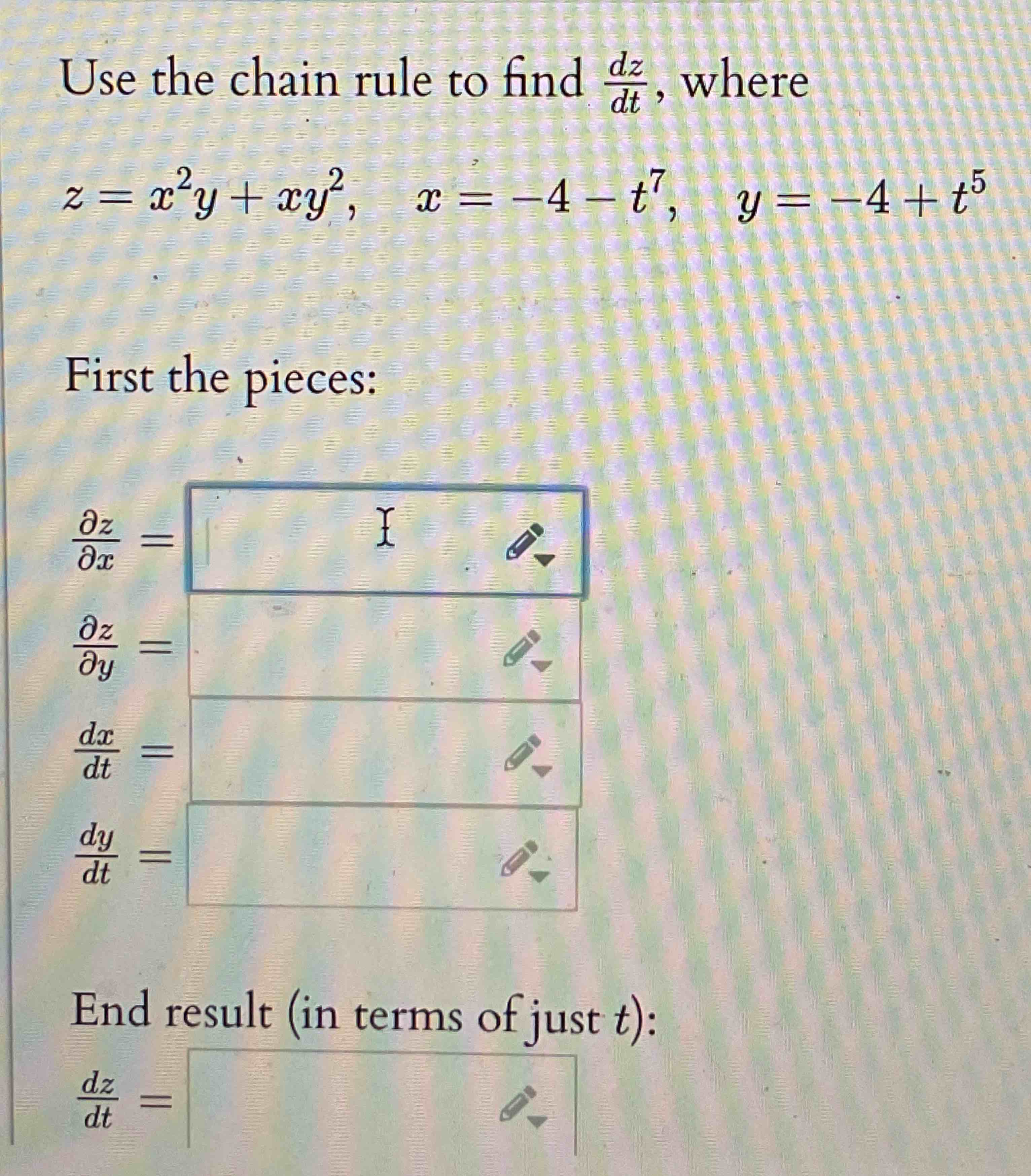 Use the chain rule t o find d z d t , where z = x