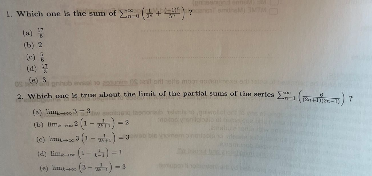 Which one i s the sum o f n = 0 ( 1 2 n + ( - 1 )
