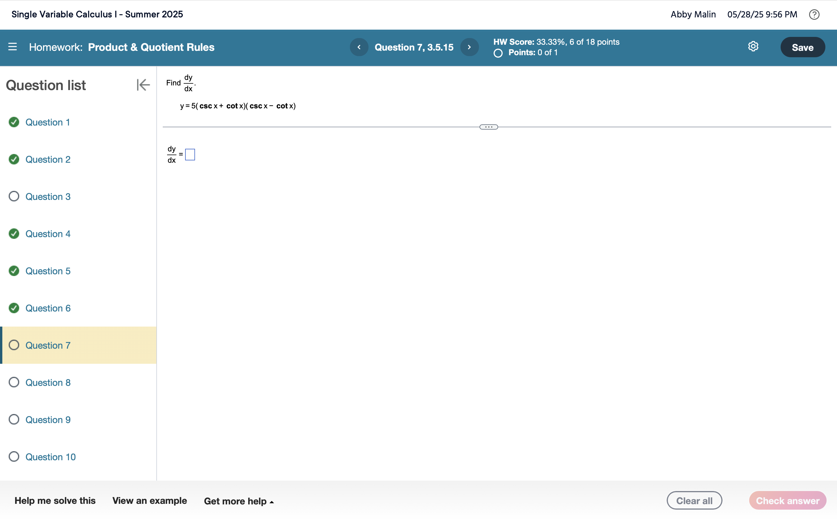 Single Variable Calculus I - Summer 2 0 2 5 Abby