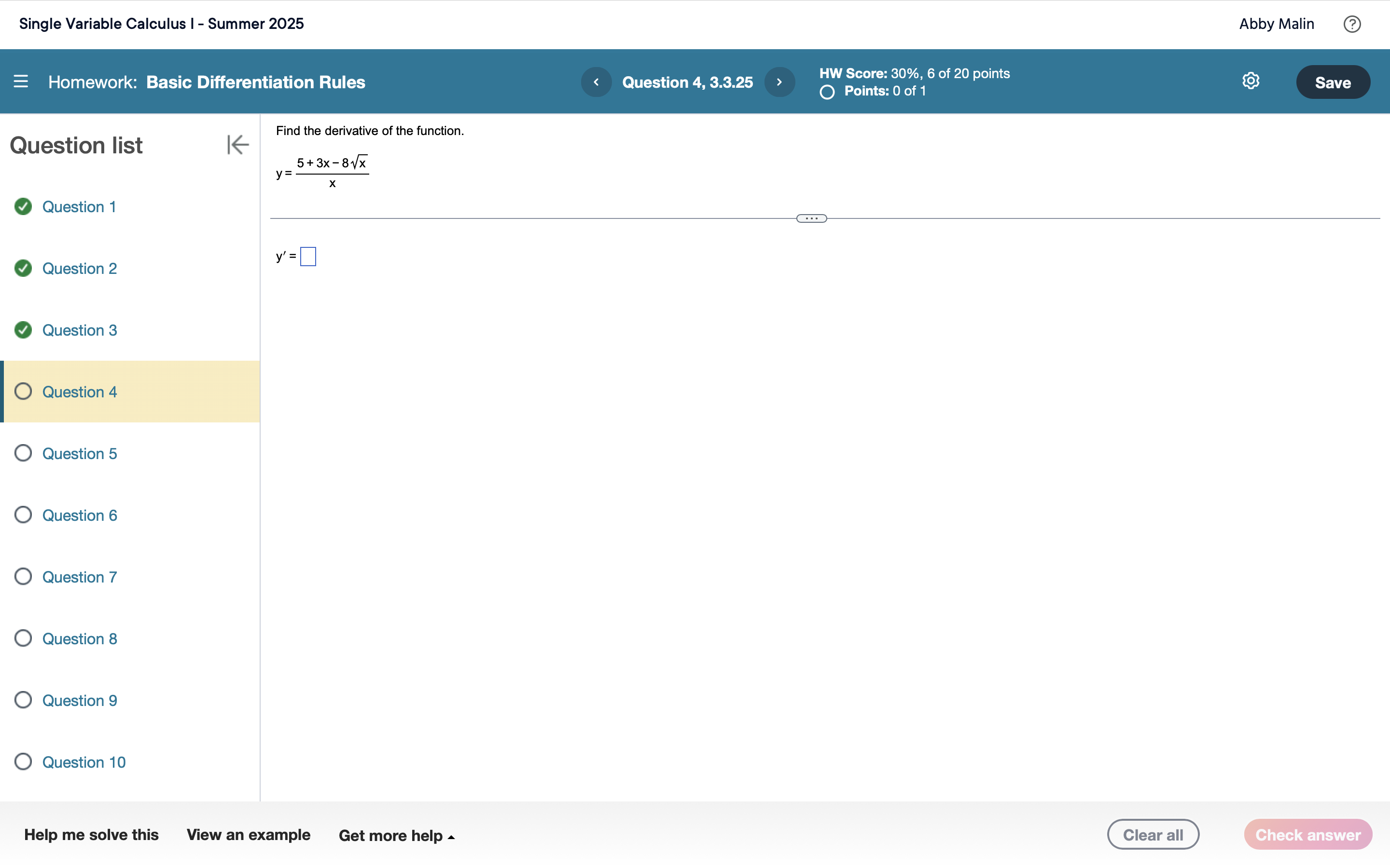 Find the derivative o f the function. y = 5 + 3 x