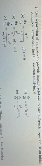 Use separation of variables to provide implicit