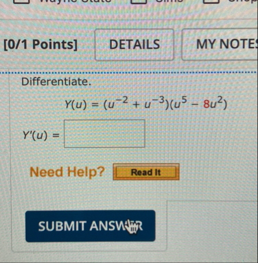 [ 0 / 1 Points ] Differentiate. Y ( u ) = ( u - 2
