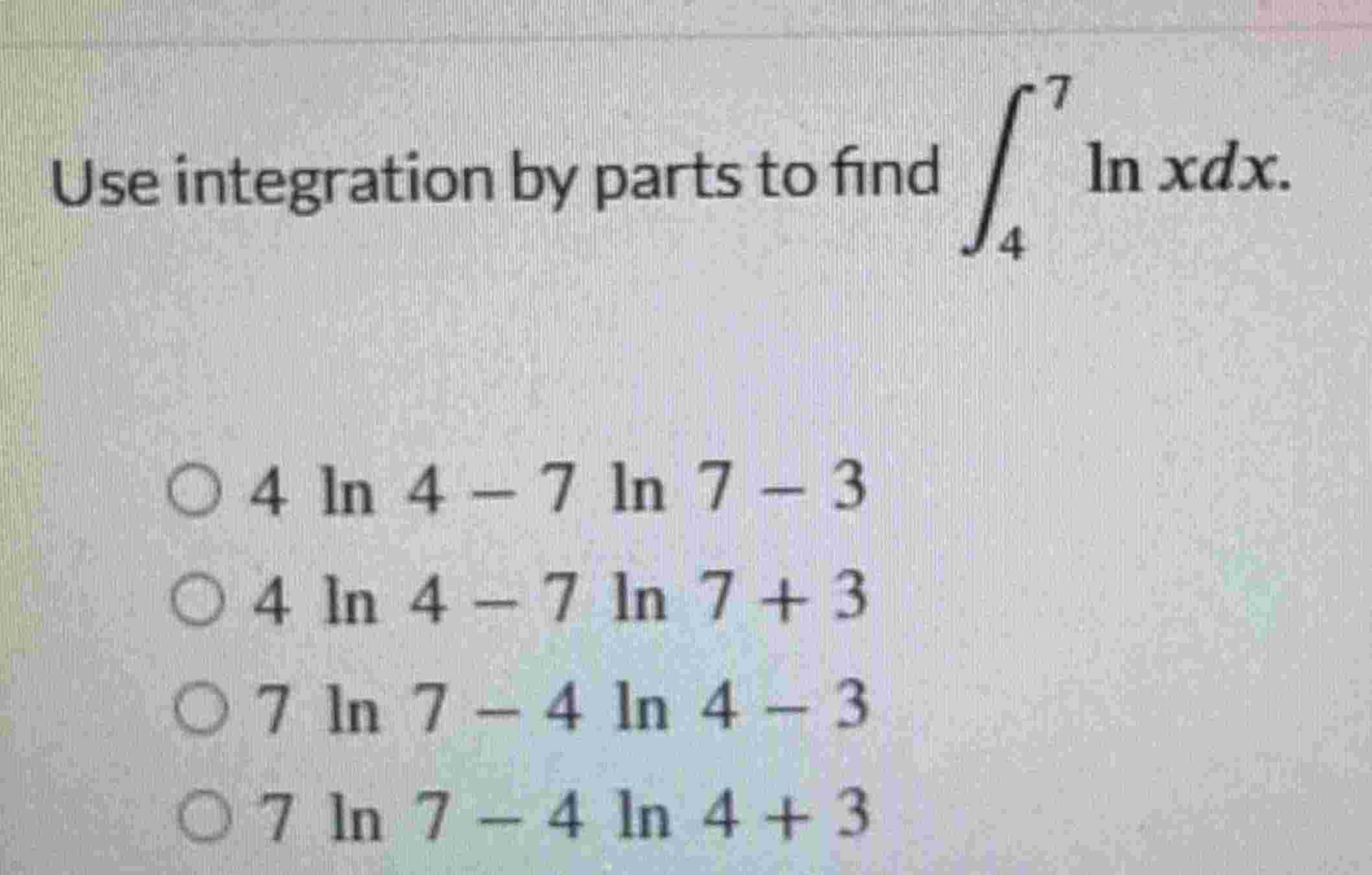 Use integration b y parts t o find 4 7 l n x d x