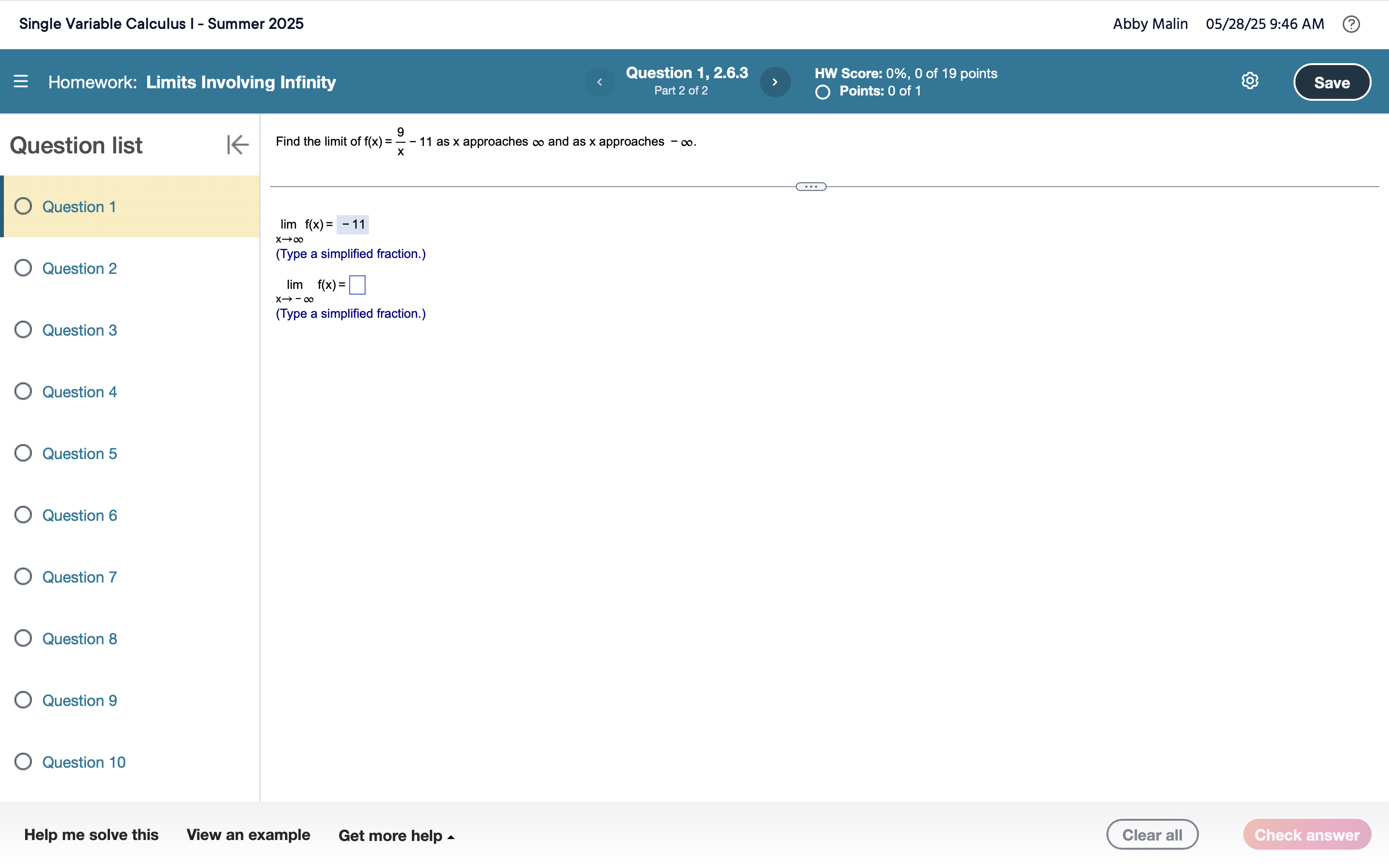 Find the l i m i t o f f ( x ) = 9 x - 1 1 a s x