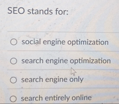 SEO stands for: social engine optimization search