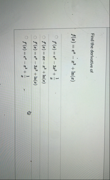 Find the derivative of f ( x ) = e x - x 3 l n (