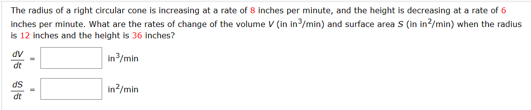 The radius o f a right circular cone i s