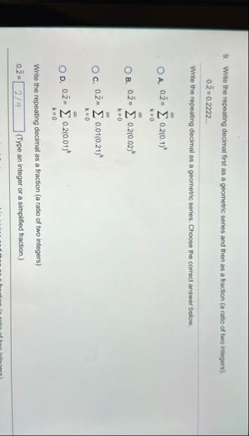 Write the repeating decimal first as a geometric