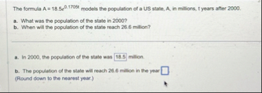 The formula A = 1 8 . 5 e 0 . 1 7 0 6 t models