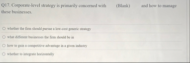 Q 1 7 . Corporate - level strategy is primarily