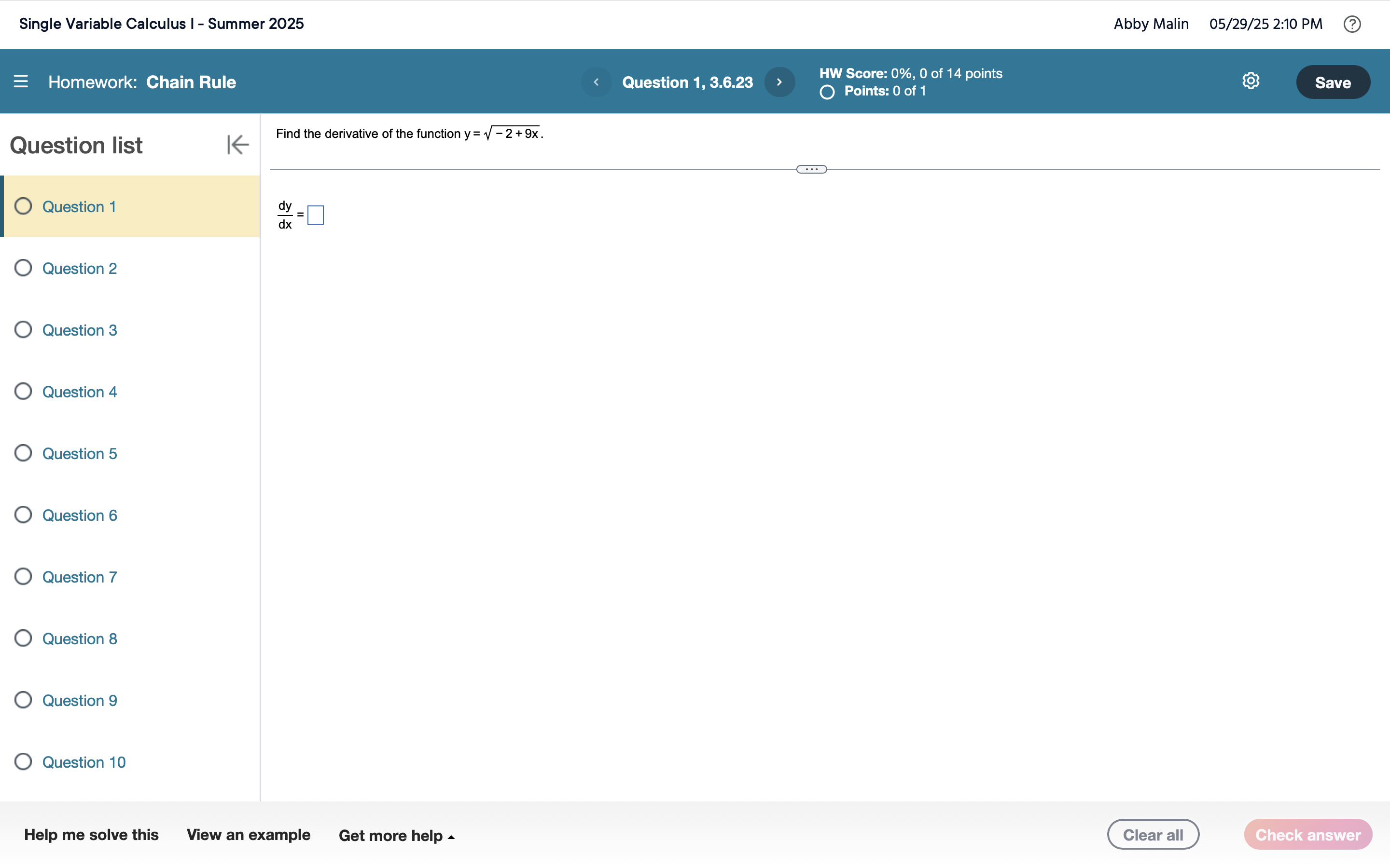 Single Variable Calculus I - Summer 2 0 2 5 Abby