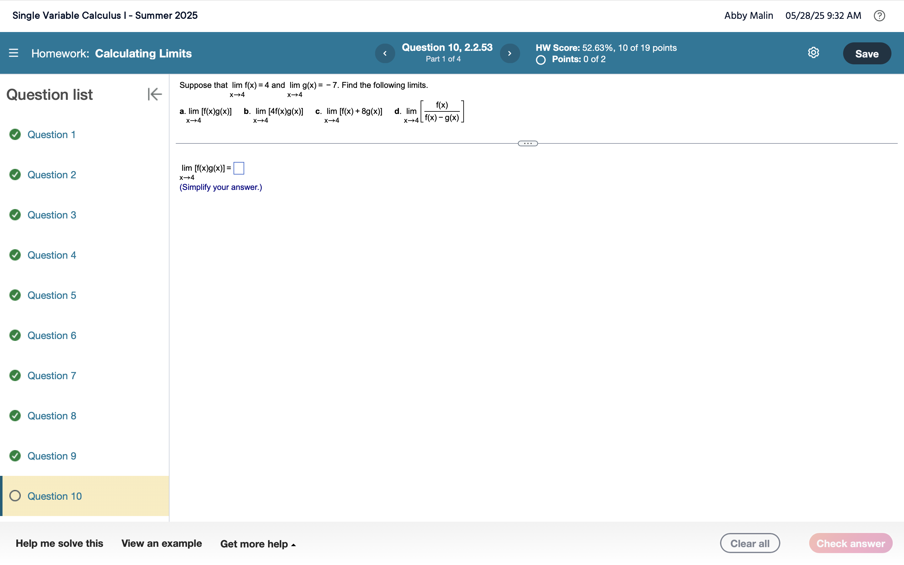 Suppose that lim x 4 f ( x ) = 4 and lim x 4 g (