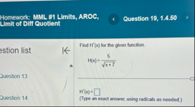 Homework: MML # 1 Limits, AROC, Limit of Diff