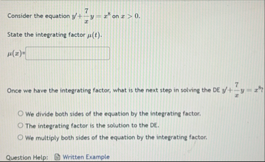 Consider the equation y ' 7 x y = x 8 on x  style=
