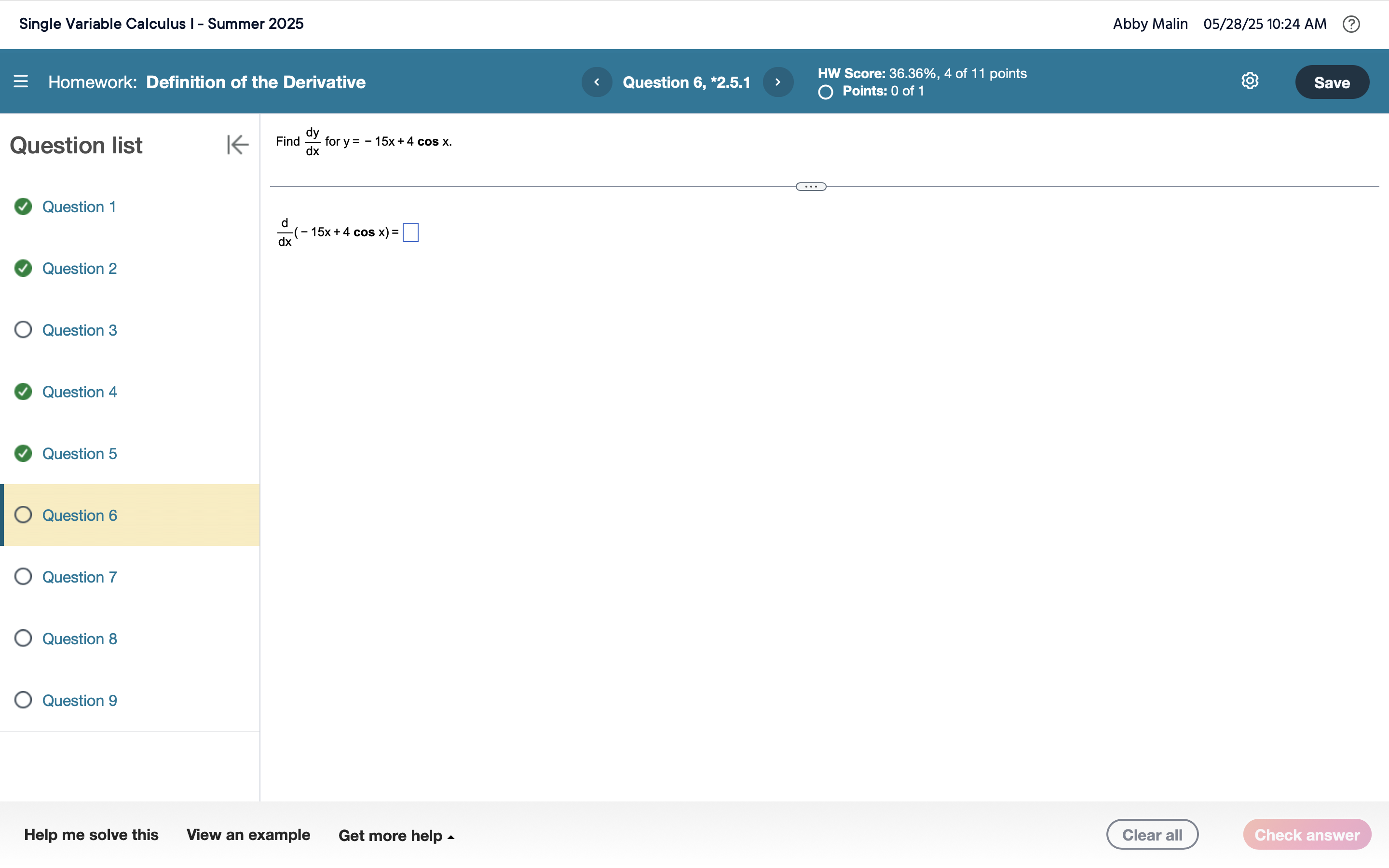 Single Variable Calculus I - Summer 2 0 2 5 Abby