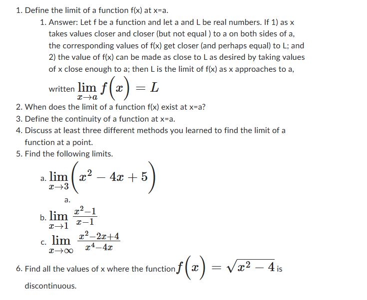 Define the l i m i t o f a function f ( x ) a t x