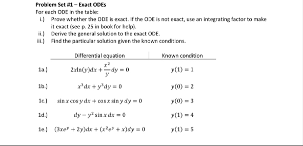 Problem Set # 1 - Exact ODEs For each ODE in the